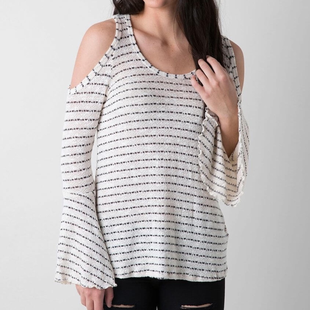 Elan Cold Shoulder Striped Bell Sleeve Sweater